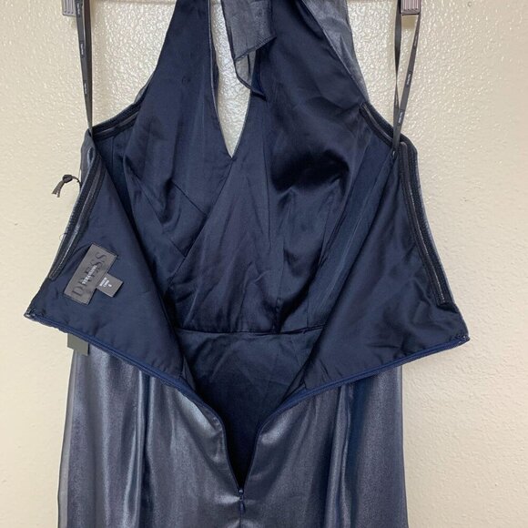 Vera Wang Satin Chiffon Halter V Neck Cocktail Dress Size 6 Navy Metallic - Picture 4 of 11